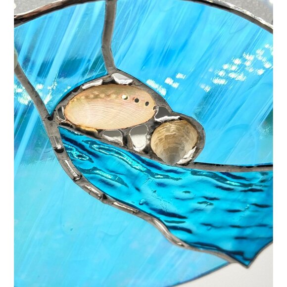 Stained Glass Blue Abstract Round Suncatcher Natural Shells Silver Accent Vtg - Picture 9 of 9